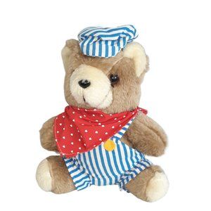 Vintage Fairway Mfg Co. Bear Striped Railroad Conductor Overalls Plush Toy 8”